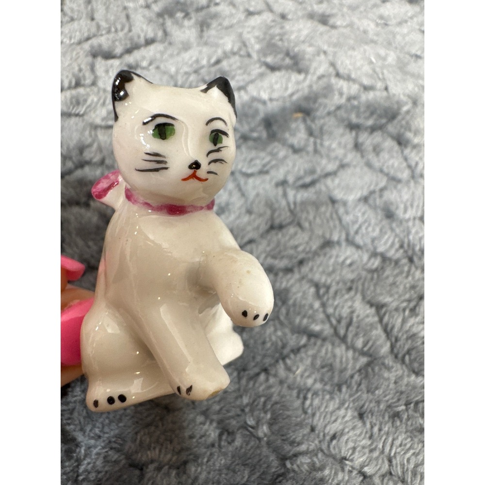 Vintage Porcelain Cat Figurine White Pink Bow Hand Painted Miniature Kitty Decor